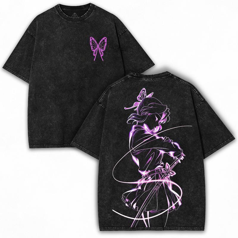 Demon Slayer Shinobu Vintage Washed Oversized Heavyweight Graphic T Shirt Anime Streetwear Fashion Short Sleeve Crewneck Casual Top Trendy Collector Style Comfortable Breathable Daily Wear Gift for Anime Fans