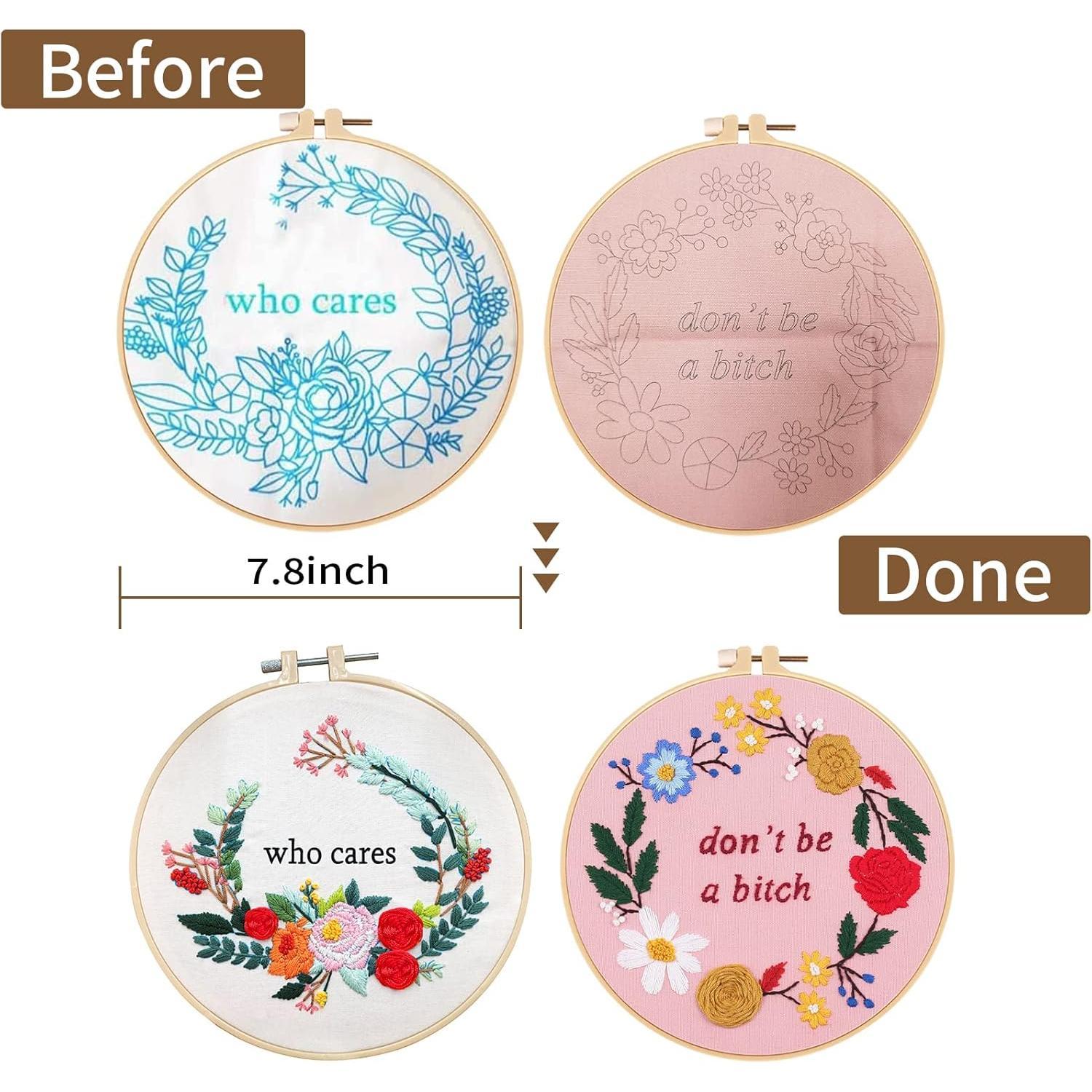 2 Sets Funny Embroidery Kit with Stamped Floral  for Beginners Adults Simple  Stitch Kits Include Needlepoint Cloth Hoops  Threads
