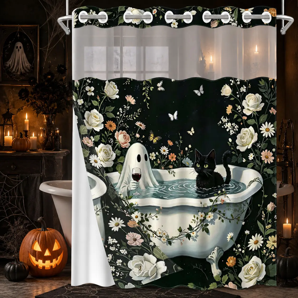1Pc Hookless Gothic Shower Curtain with Snap-In Liner, Black Cat Ghost Floral Print, Waterproof Double Layer, Sheer Mesh Top, Vintage Halloween Bath Decor