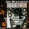 1Pc Hookless with Snap-In Liner, Black Cat Ghost Floral Print, Waterproof Double Layer, Sheer Mesh Top, Vintage Halloween Bath Decor, Decorative Shower Curtain