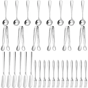 32 Pieces Cheese Butter Spreader Knives Set, Charcuterie Accessories Stainless Steel Cheese Spreader Knives, Mini Serving Tongs, Spoons and Forks for Butter Cheese Jam Appetizer Pastry Making