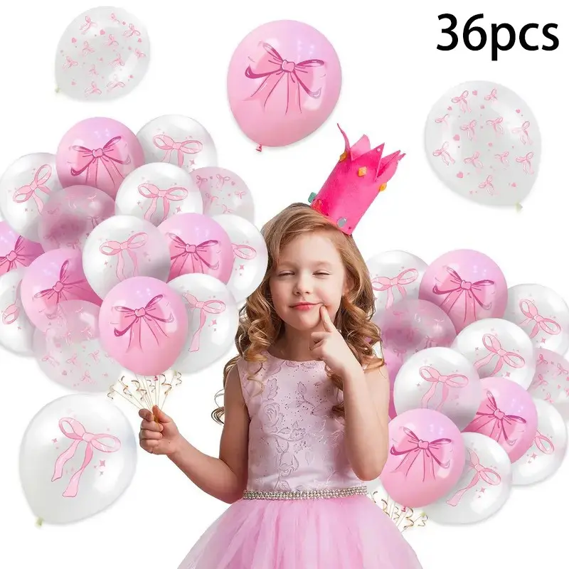 36pcs Thick Latex Balloons with Bow Prints, 12 Inch Bow Pattern, Sweet Style Ornaments for Princess Theme Party, Baby Shower Decor
