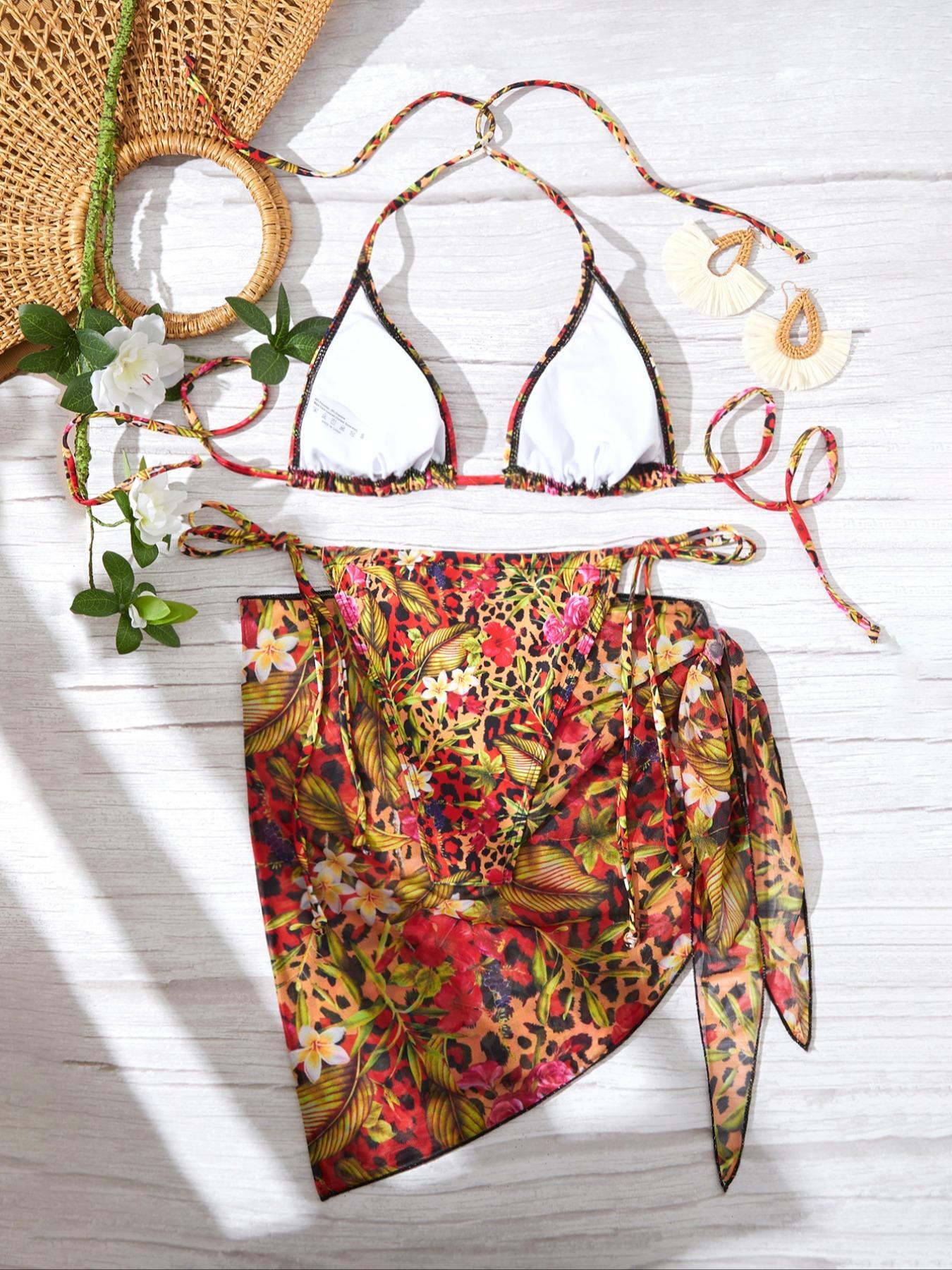 Women's 3pcs Tie Back Bikinis Set, Halter Triangle Swim Top & Tie Side Swim Bottom & Cover Up Skirt Set, Summer Beach Holiday Vacation Swimwear Set for Women, Floral Print Swimsuits