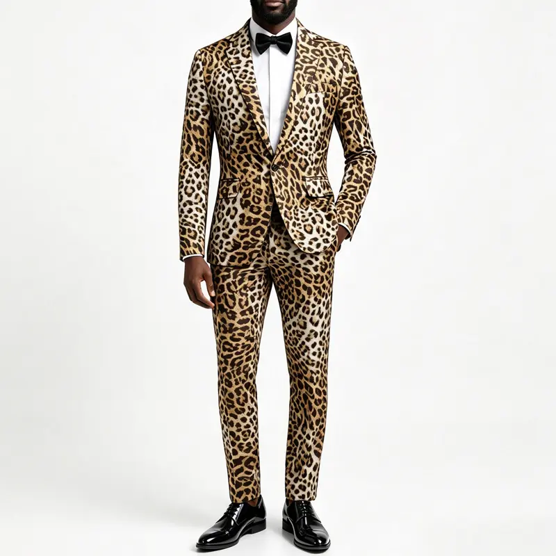 Men's Matching Leopard Print Slim Fit 2-Piece Tuxedo Suit - Long Sleeve Blazer, Dress Pants, Free Bow Tie - Menswear for Wedding, Prom, Halloween Black Fabric, Trouser