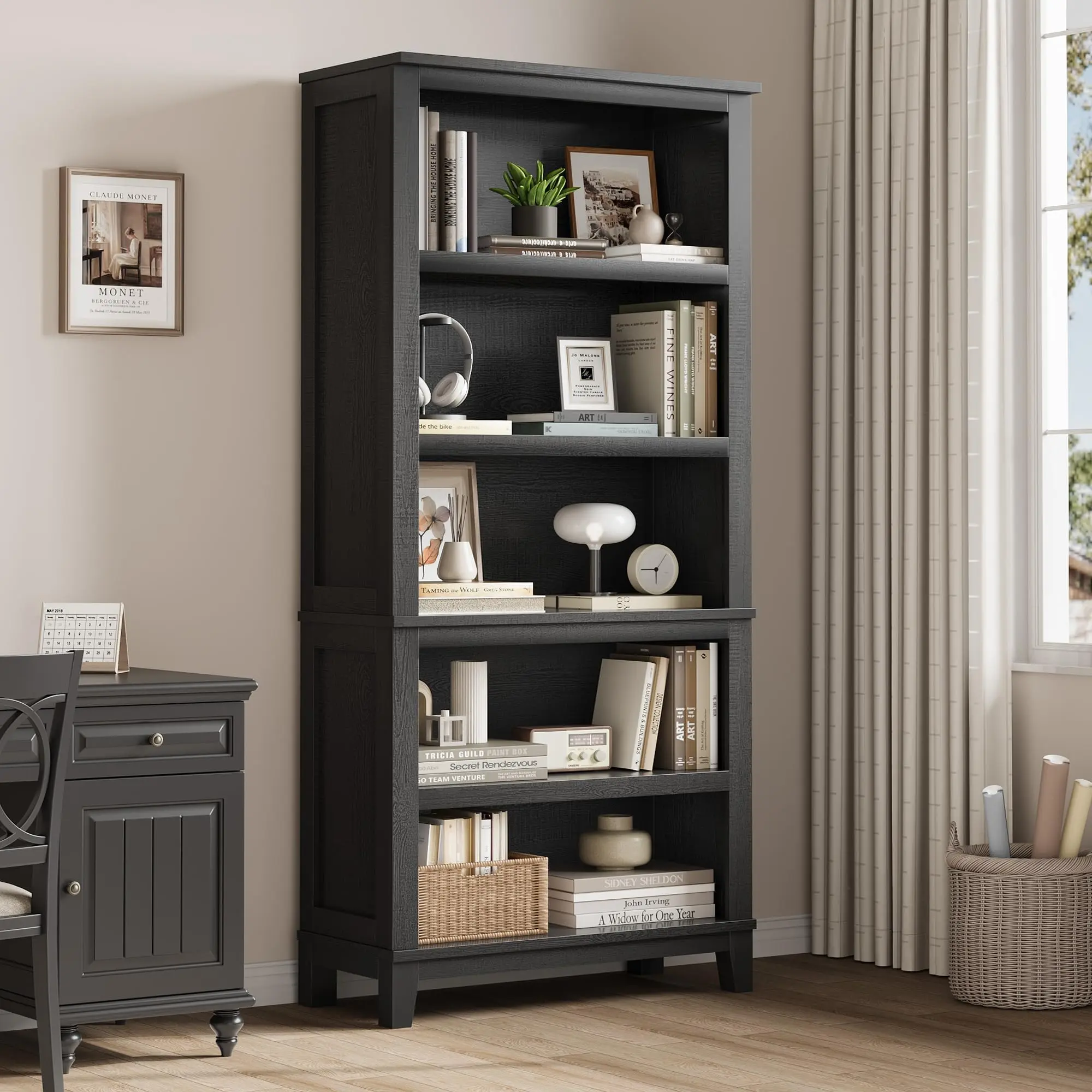 Garvee 5-Tier Wooden Bookcase 71 Inch - Modern Adjustable Bookshelves, Sturdy Floor Standing Display Shelf for Small Spaces, Apartment, Office, Bedroom, Living Room - Large Storage Organizer in Black