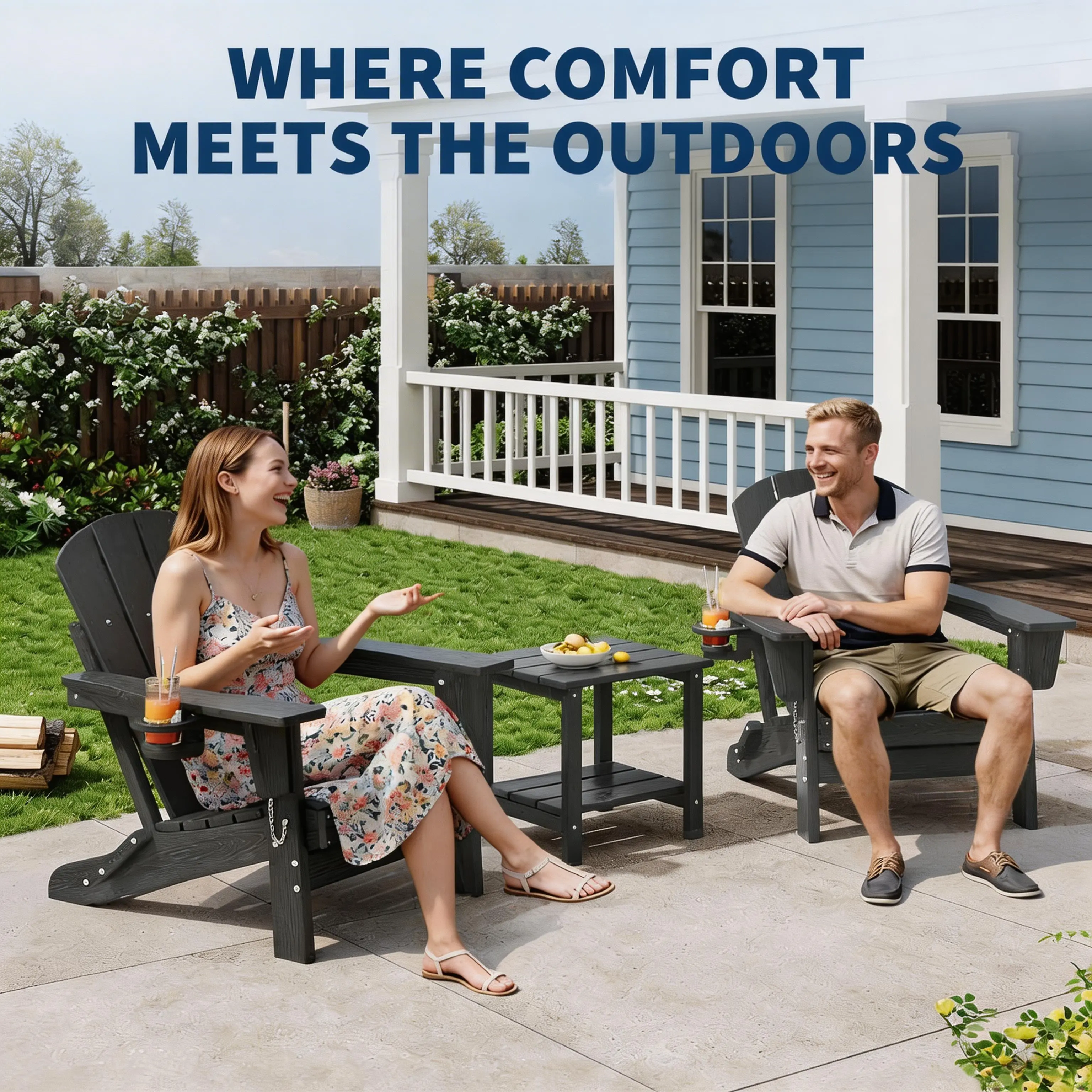 35' Adirondack Chair, Wooden Textured with Cup Holder, Heavy All-Weather HDPE Comfortable Set Poolside Backyard Lawn