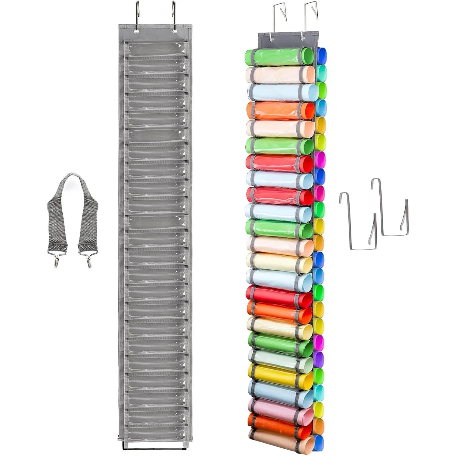 48-Compartment Vinyl Roll Holder with Hooks and Strap, Wall Mounting Hanging Vinyl Roll Organizer Storage Rack for Home, Craft Room