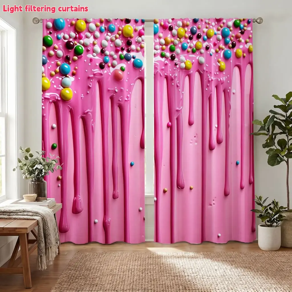 2Pcs Pink Drip Candy Curtains, Sweet Dessert Pattern, Digital Printing, Light Filtering, Privacy Protection, for Living Room Bedroom Kids Home Decor