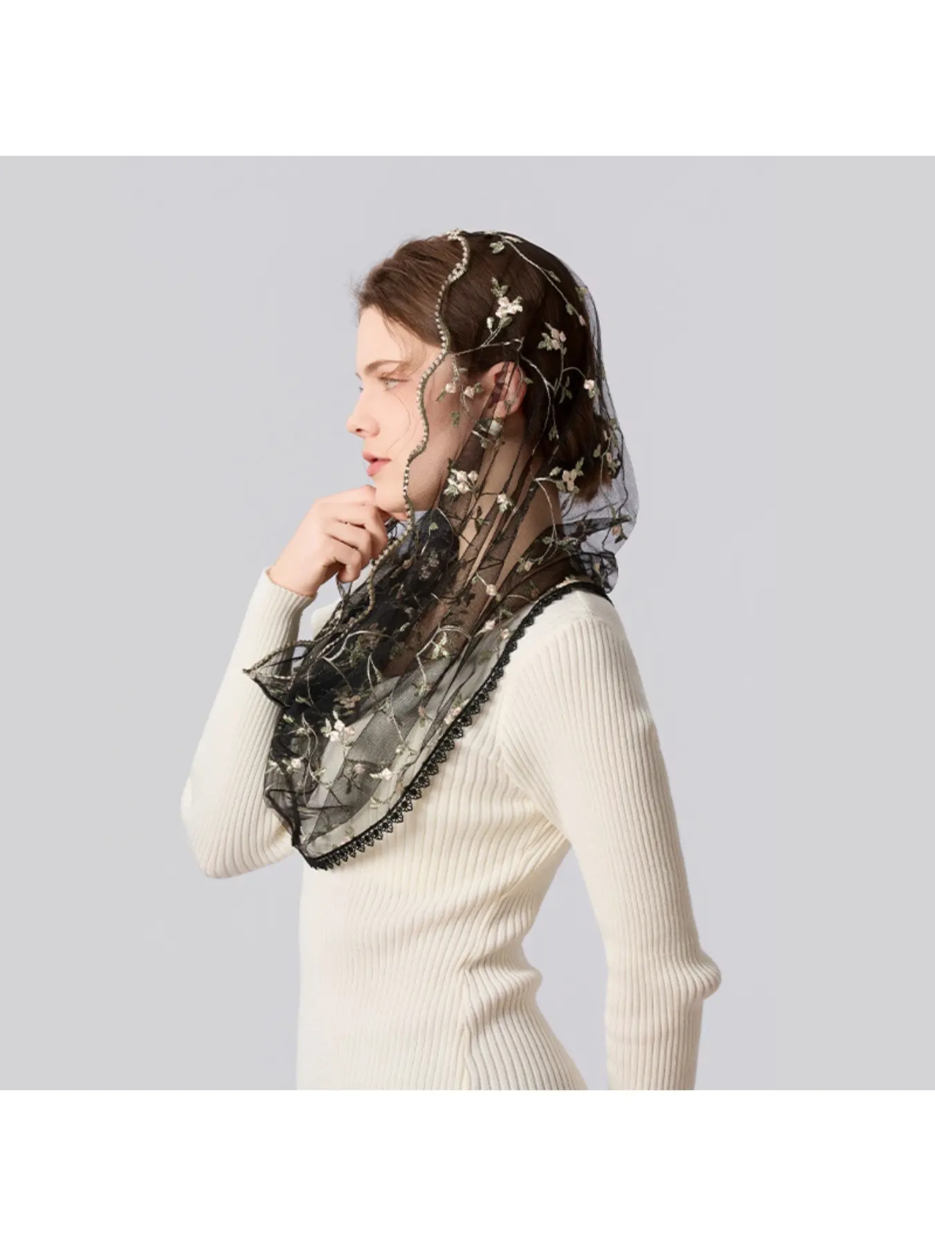 Retro flower embroidery Spanish style headscarf for female actors, elegant face covering veil, banquet photo design, decorative headscarf