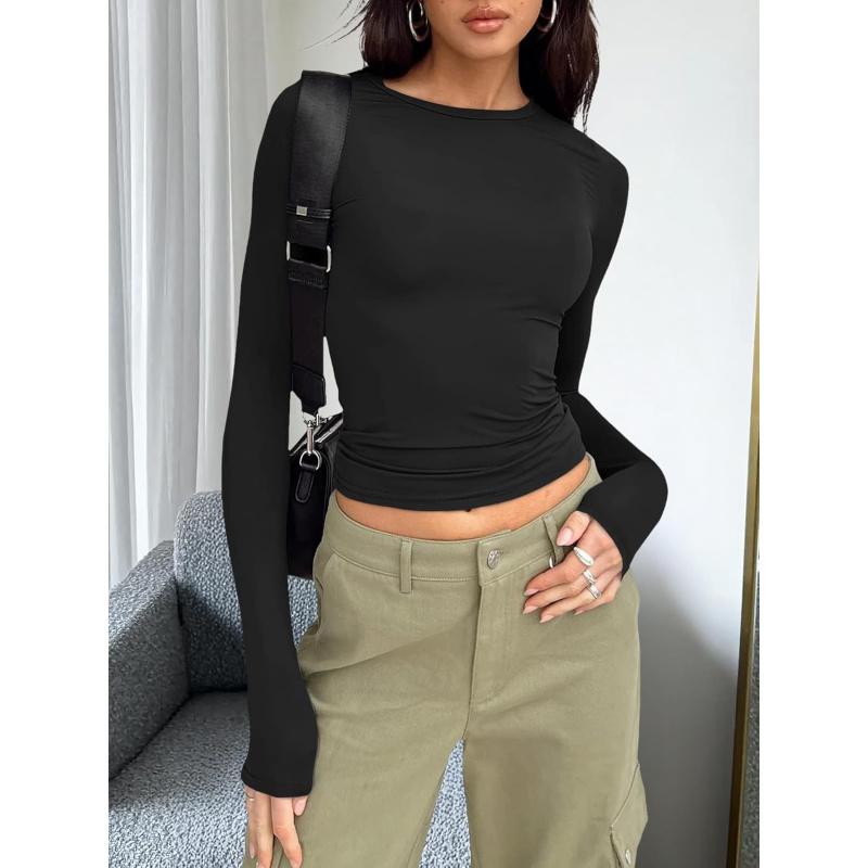 Womens Long Sleeve T Shirts Fall Fashion 2026 Basic Crop Tops Going Out Outfits Y2k Clothes new arrival fashion vacation beach outfit loose fit overall