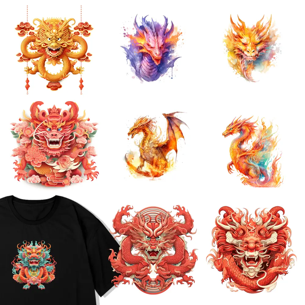 9 Pcs Dragon Art Iron on Transfers Washable heat transfer stickers Easy to heat press decals iron on decals DTF Transfers Ready Iron on Decals for T Shirts Press Washable Stickers