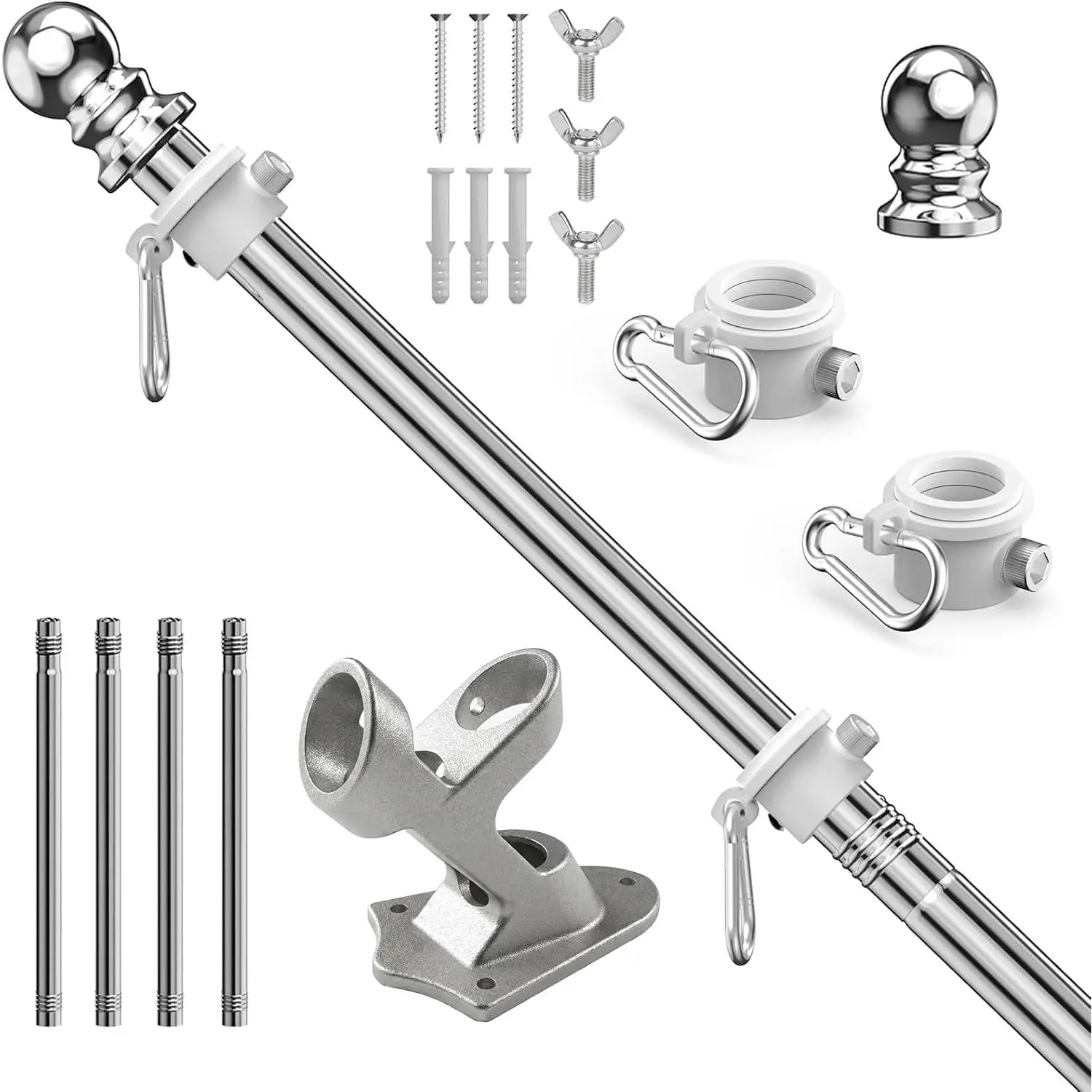 Flag Pole for Outside House, Sliver 5 FT Flag Pole Kit with  Free Flagpole Rings, Rustproof Stainless Steel Flagpoles with 180°Multi-Position Flag Pole Holder, for Residential Outdoor Porch
