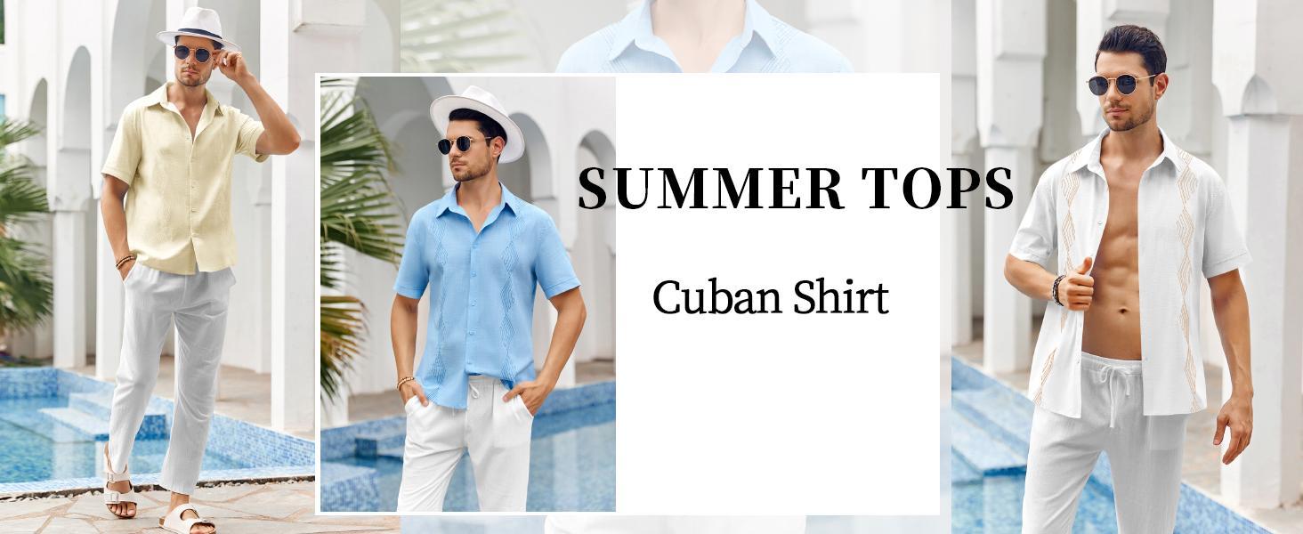 PASLTER  Men Cuban Guayabera Shirts Linen Short Sleeve Button Down Cotton Mexican Beach Wedding Shirt Casual Kurta Menswear