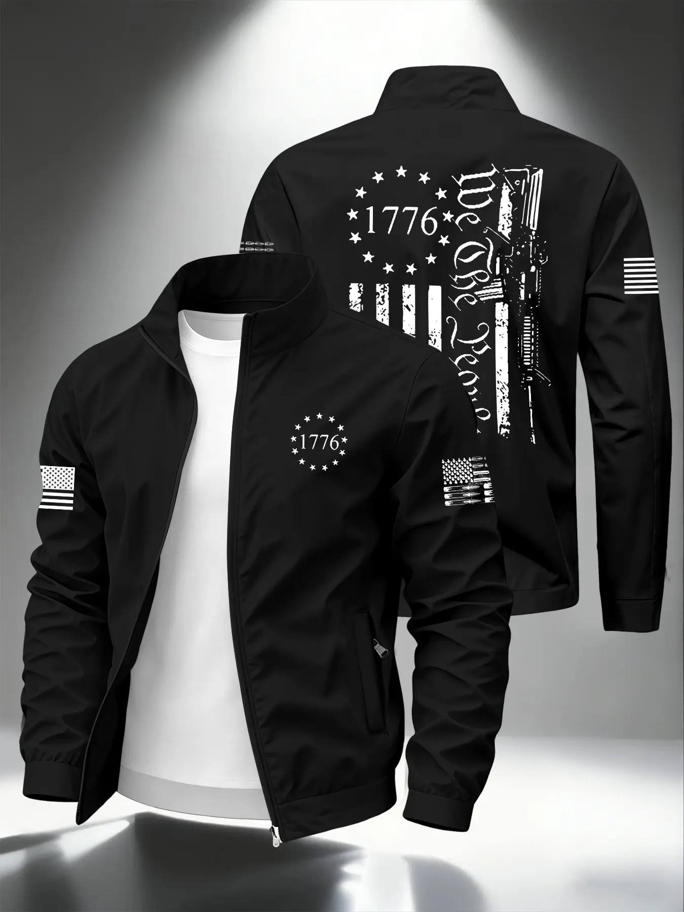 American Vintage 1776 Distressed Star Flag Gun Letter Print Stand Collar Zipper Jacket, Loose Men's Military Outdoor Commute Casual Outerwear
