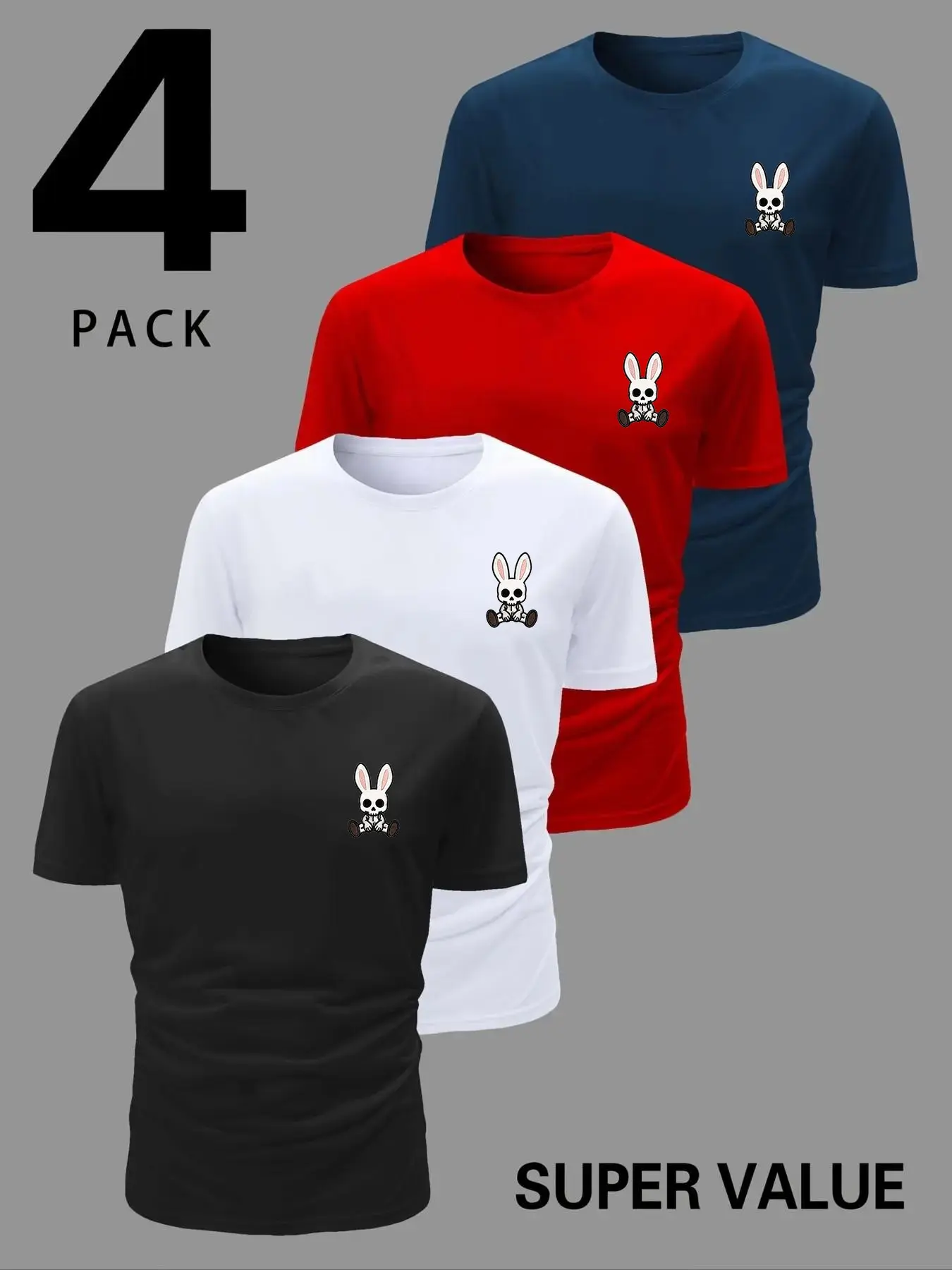 4-Pack Casual Short Sleeves, Daily Wear, Sports Leisure, Summer, Men's Fashion, Dark Rabbit Print, Breathable Fabric, Unisex