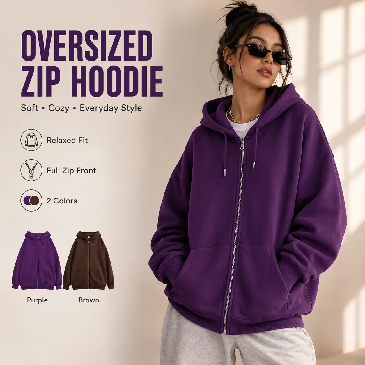 Menswear Unisex Oversized Full-Zip Hoodie - Soft Fleece, Drawstring Hood, Relaxed Loose Fit Long Sleeve, Kangaroo Pockets, Purple Brown Streetwear Top for Fall Winter Lounge Daily Casual Wear