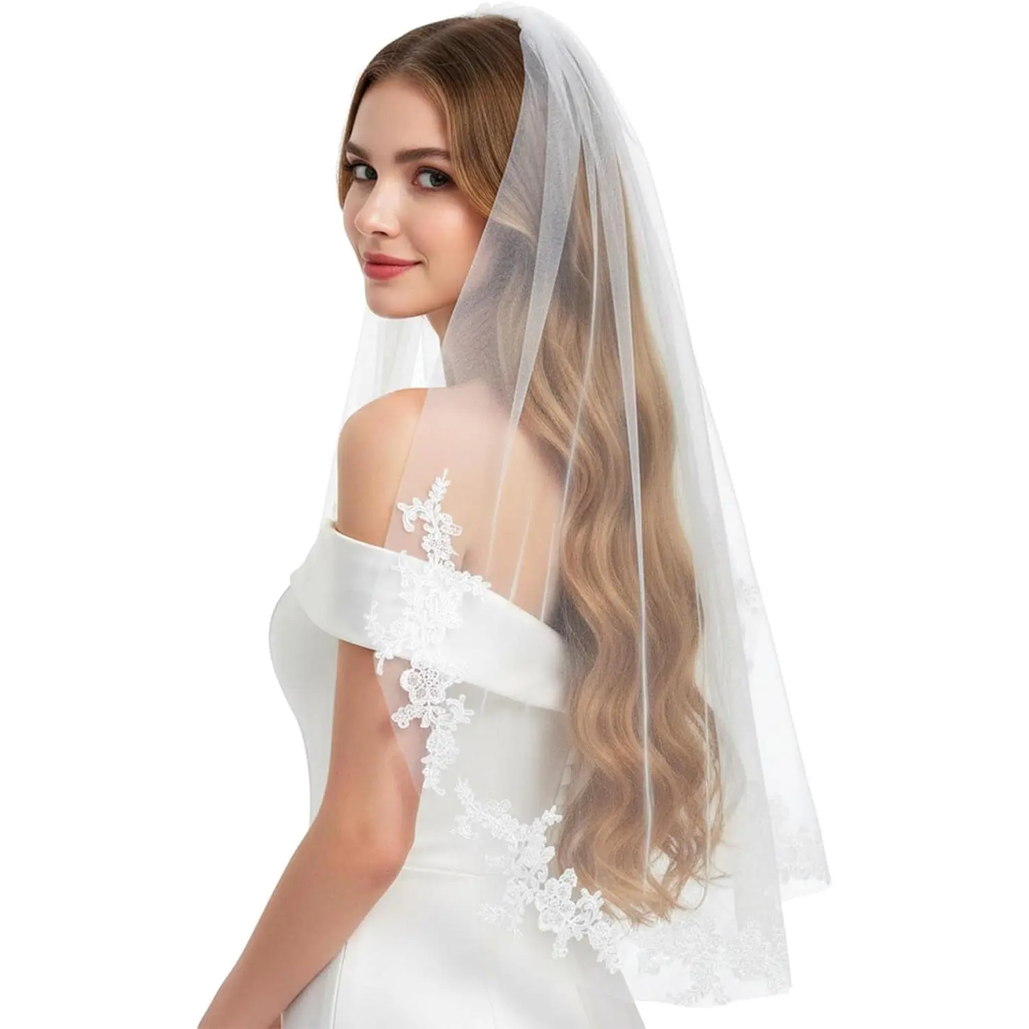 White 1 Tier Bridal Veil with Comb, Floral Edge Lace Tulle Wedding Veil(Gift)