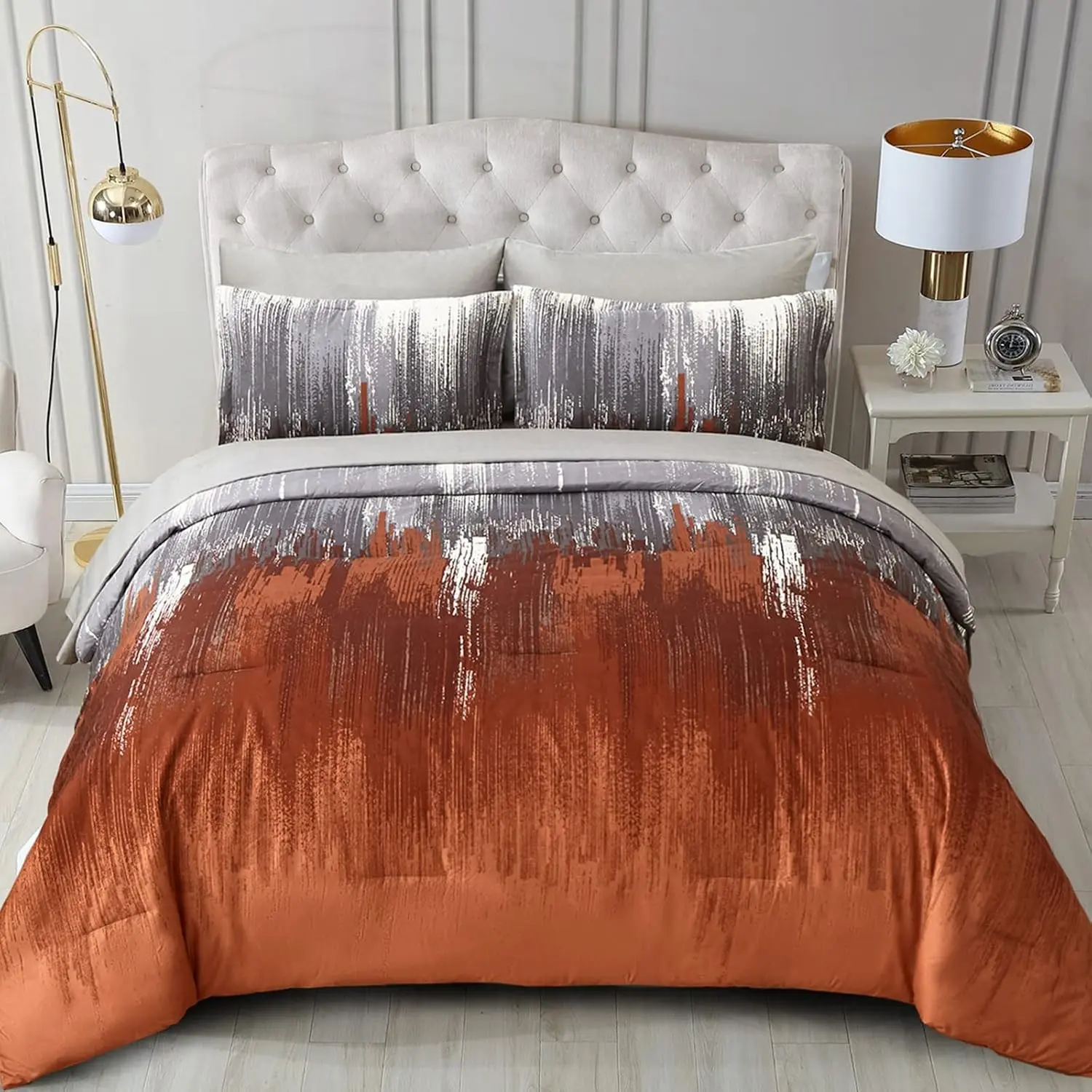 Comforter Set Queen, Burnt Orange 7 Pieces Bed in a Bag Abstract Gradient Terracotta Bedding Set with Comforter, Flat Sheet, Fitted Sheet, Pillow Shams, Pillowcases
