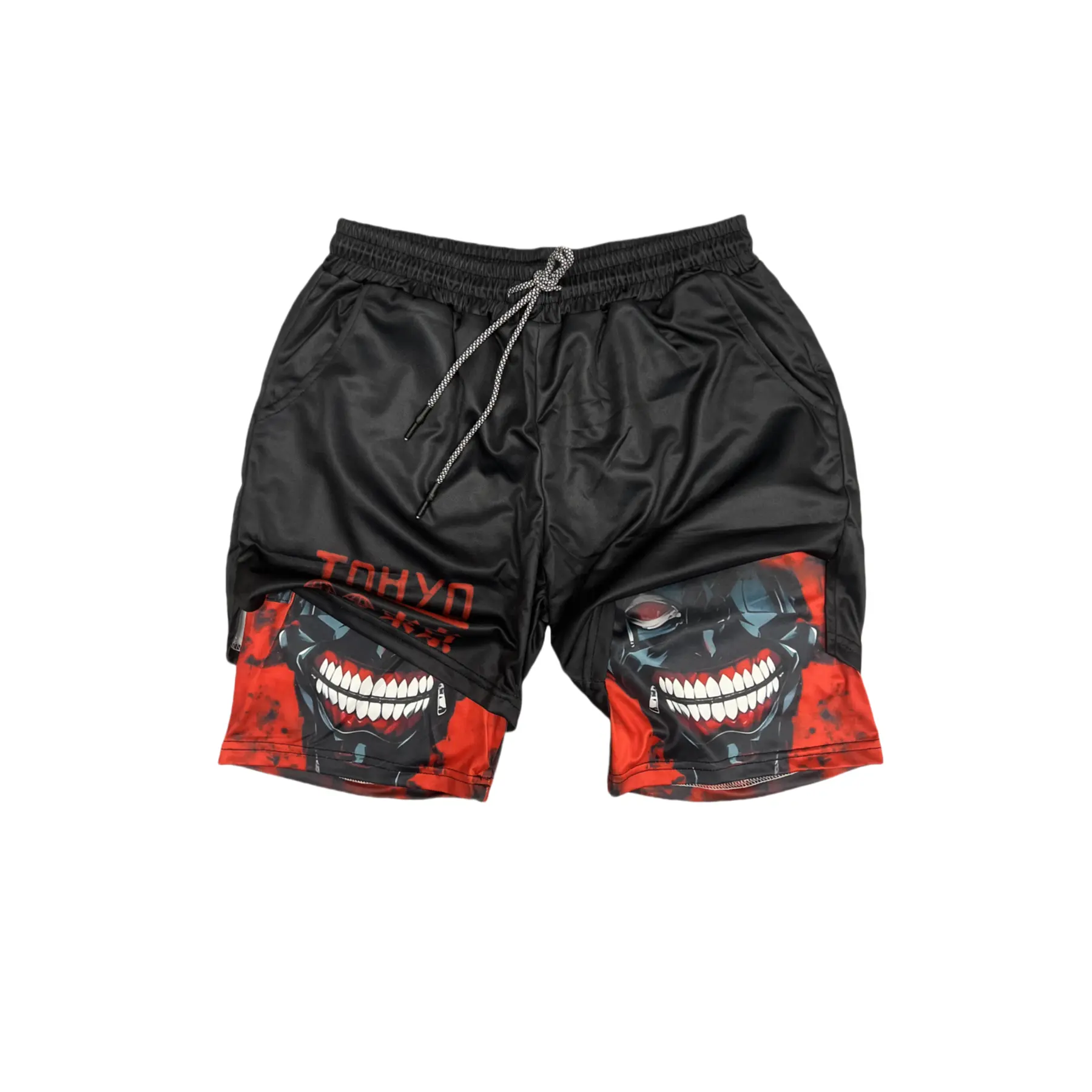 Men's TOKYO Horror Demon Grin Face Print 2 in 1 Compression Shorts Double Layer Quick Dry Gym Running Japanese Streetwear Shorts