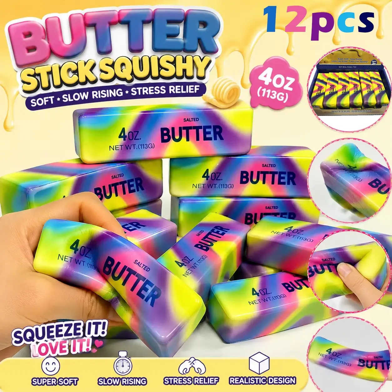 12PCS Realistic Butter & Cheese Stick Satisfying Squishy Toy, Slow Rising ASMR Tactile Fidget Squeeze Toy, Stress Relief Anxiety Sensory Desk Toy for Adults, Dazzling Color Fidget Gift for Home & Office