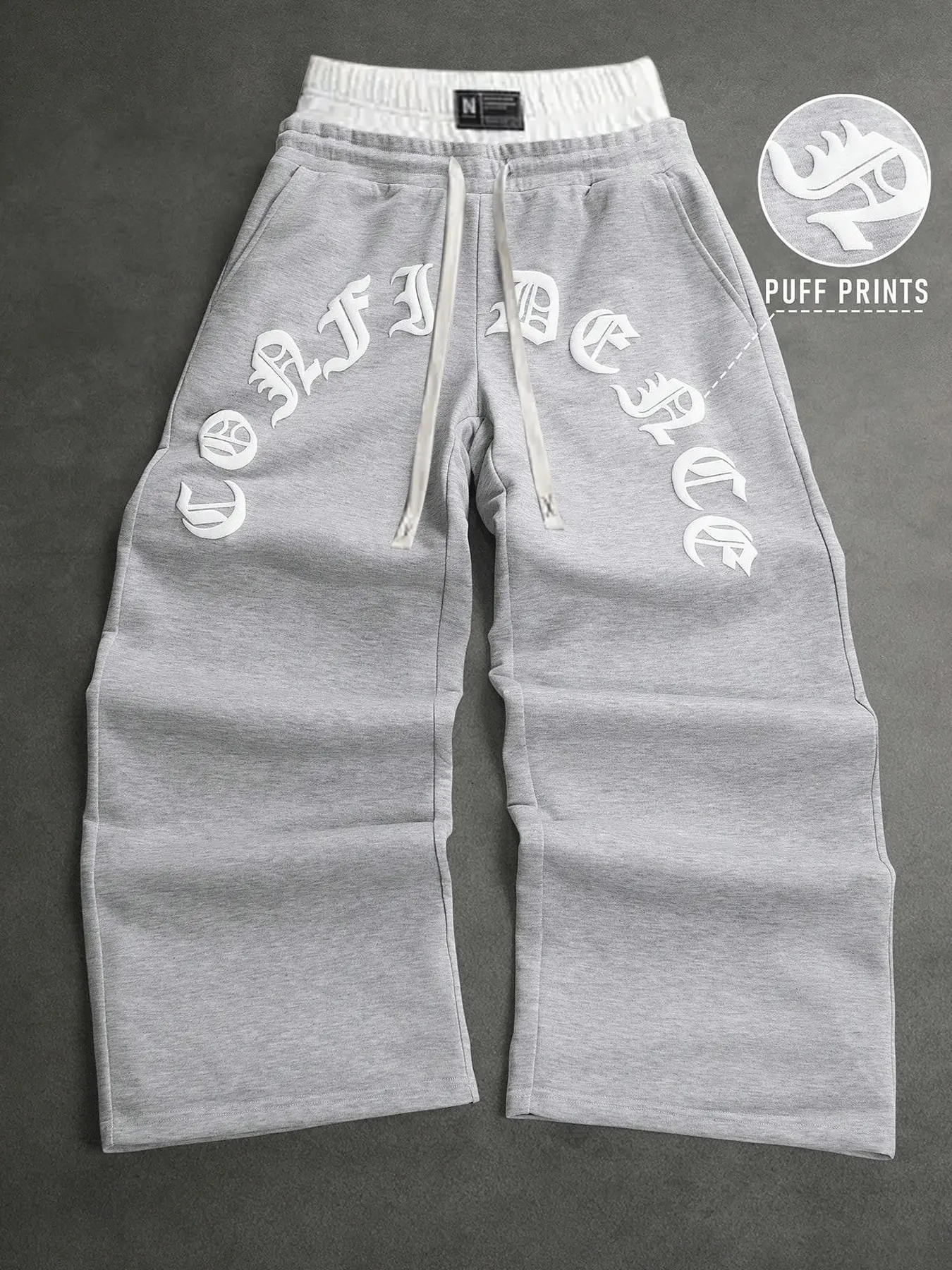 Y2K Hip Hop Light Gray Wide Leg Sweatpants Men Curved Gothic 3D Puff Letter Print Elastic Drawstring Double Waist Loose High Street Trousers