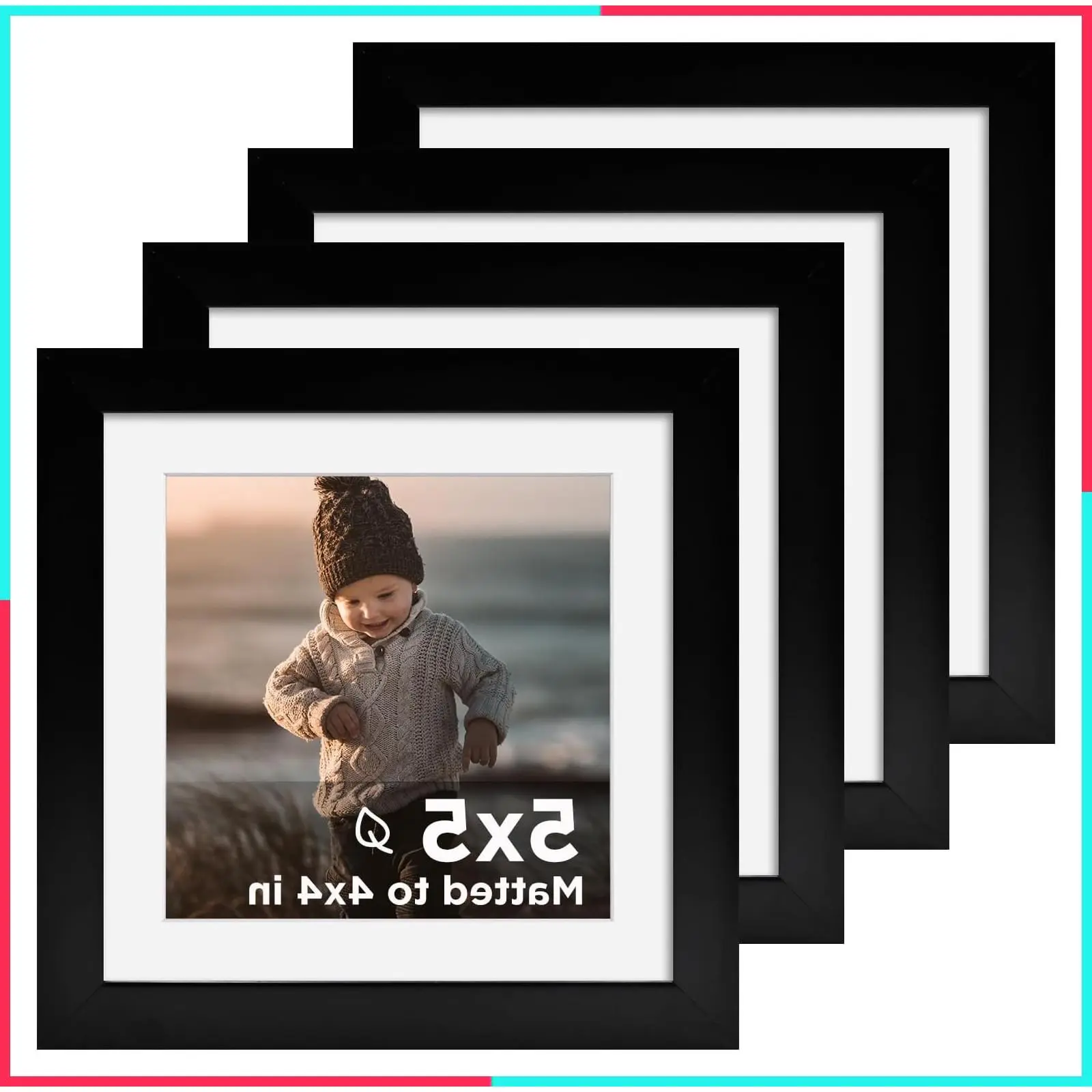 5x5 Frame Black Set of 4 Wooden Square Photo Frames Matted 4x4