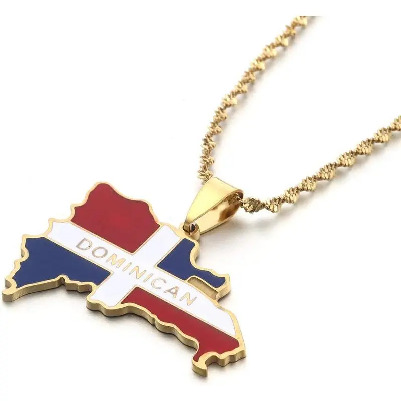 Stainless Steel Dominican Map Flag Pendant Necklace Dominicans Country Map Jewelry