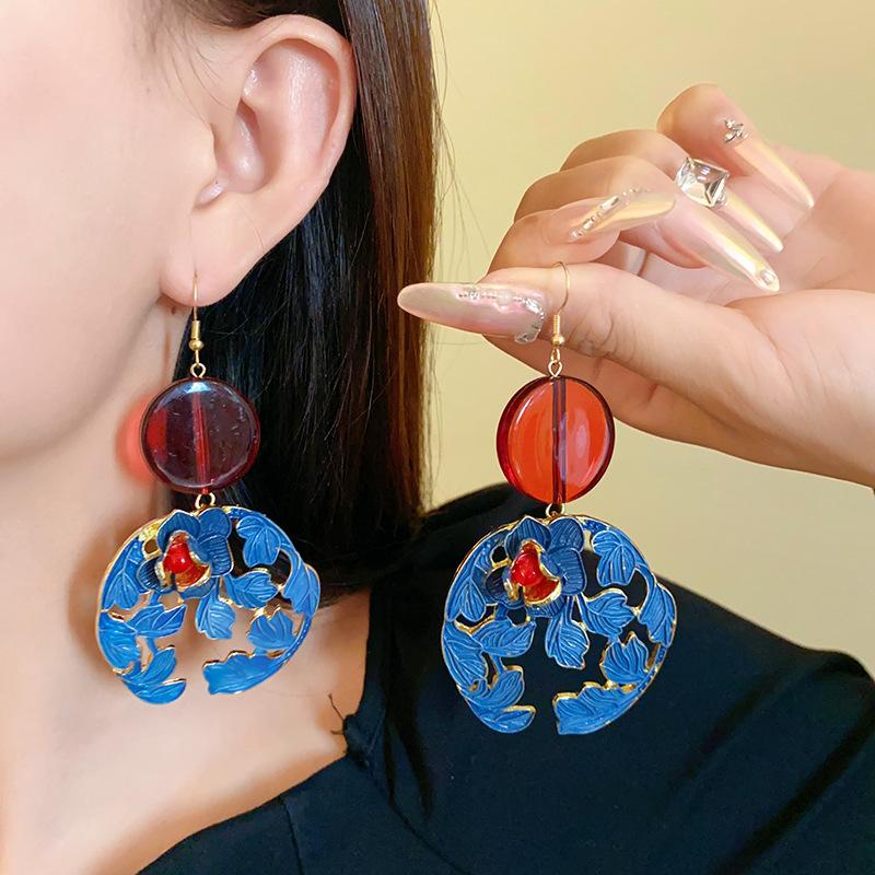 Silver Needle Resin Flower and Leaf Chinese Style Earrings, New Chinese Style Unique Design Ear Drops, Vintage Cheongsam New Style Jewelry for Women