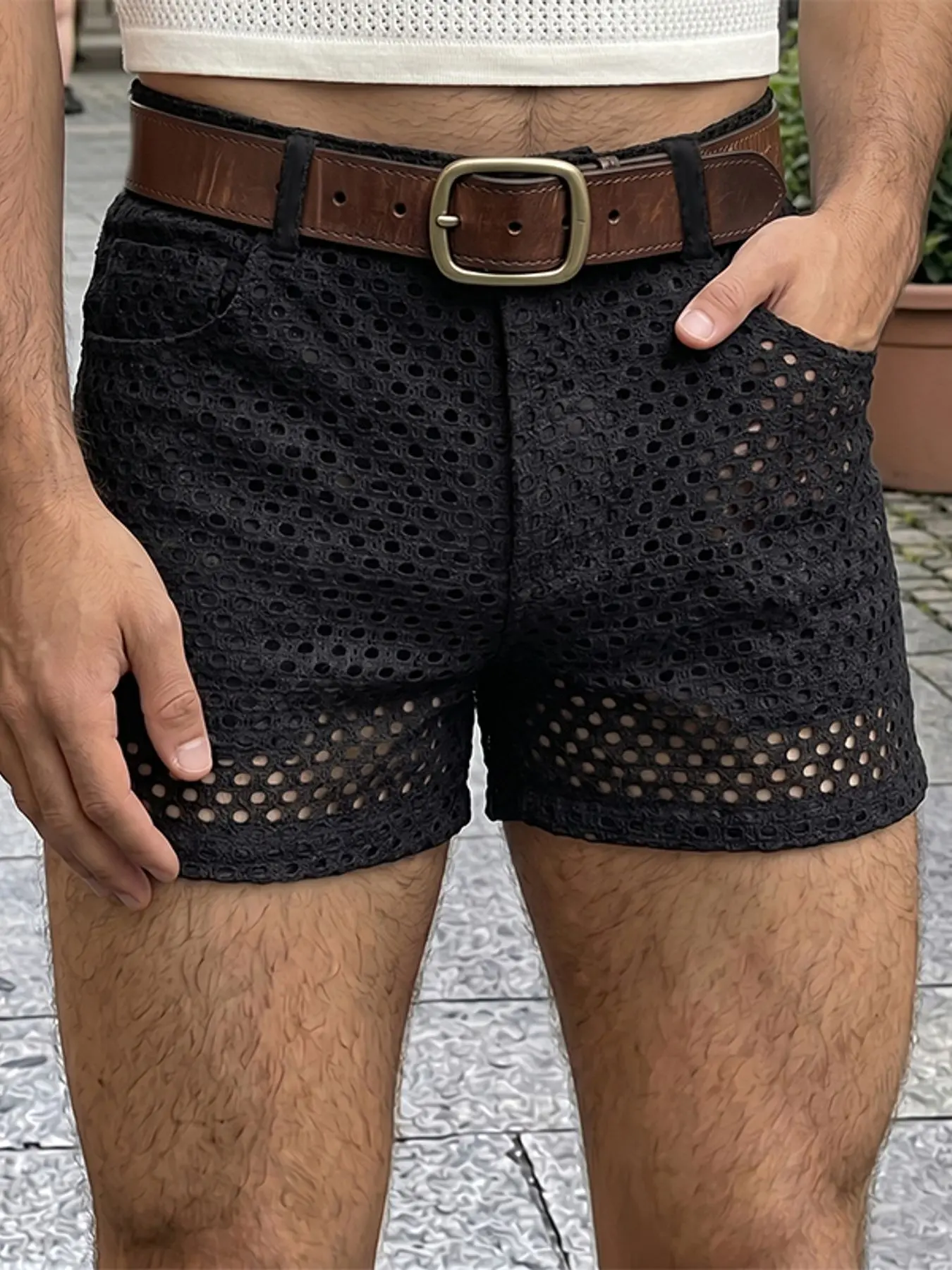 INCERUN Men's Casual Fashion Shorts, Mesh Hollow Out Design, Comfortable and Stylish, Perfect for Daily Wear, Trendy Men's Apparel