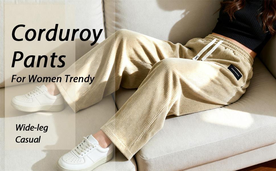 Women's Light Grey Corduroy Jogger Pants, Soft High Waist Drawstring Adjustable Trousers with Deep Side Pockets, Relaxed Straight Leg Casual Pants for All Seasons, Comfy Stretchy Daily Wear Trousers Perfect for Shopping, Walking, Work From Home, Campus