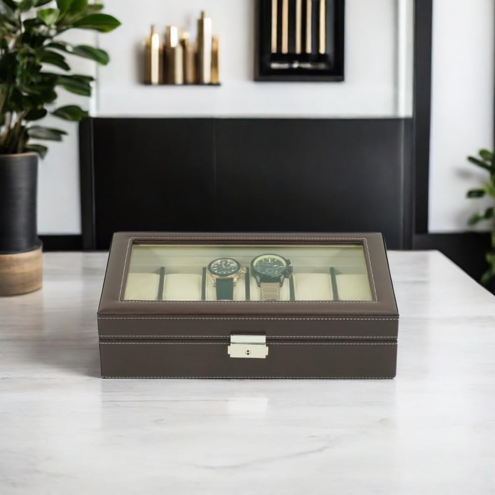 Chocolate Brown Leatherette Men's Watch Box Display Case Collection Jewelry Box Storage Glass Top Father's Day