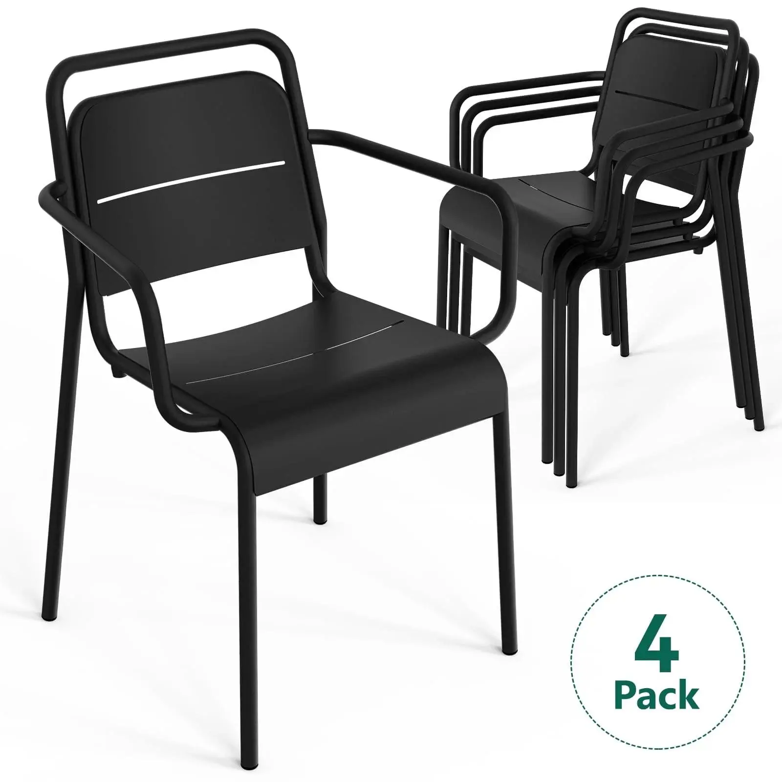 FurniEdge 4-Pack Metal Stackable Dining Chairs with Armrests, Black Outdoor Heavy-Duty Chairs, max 300lbs All-Weather for Indoor/Outdoor Use