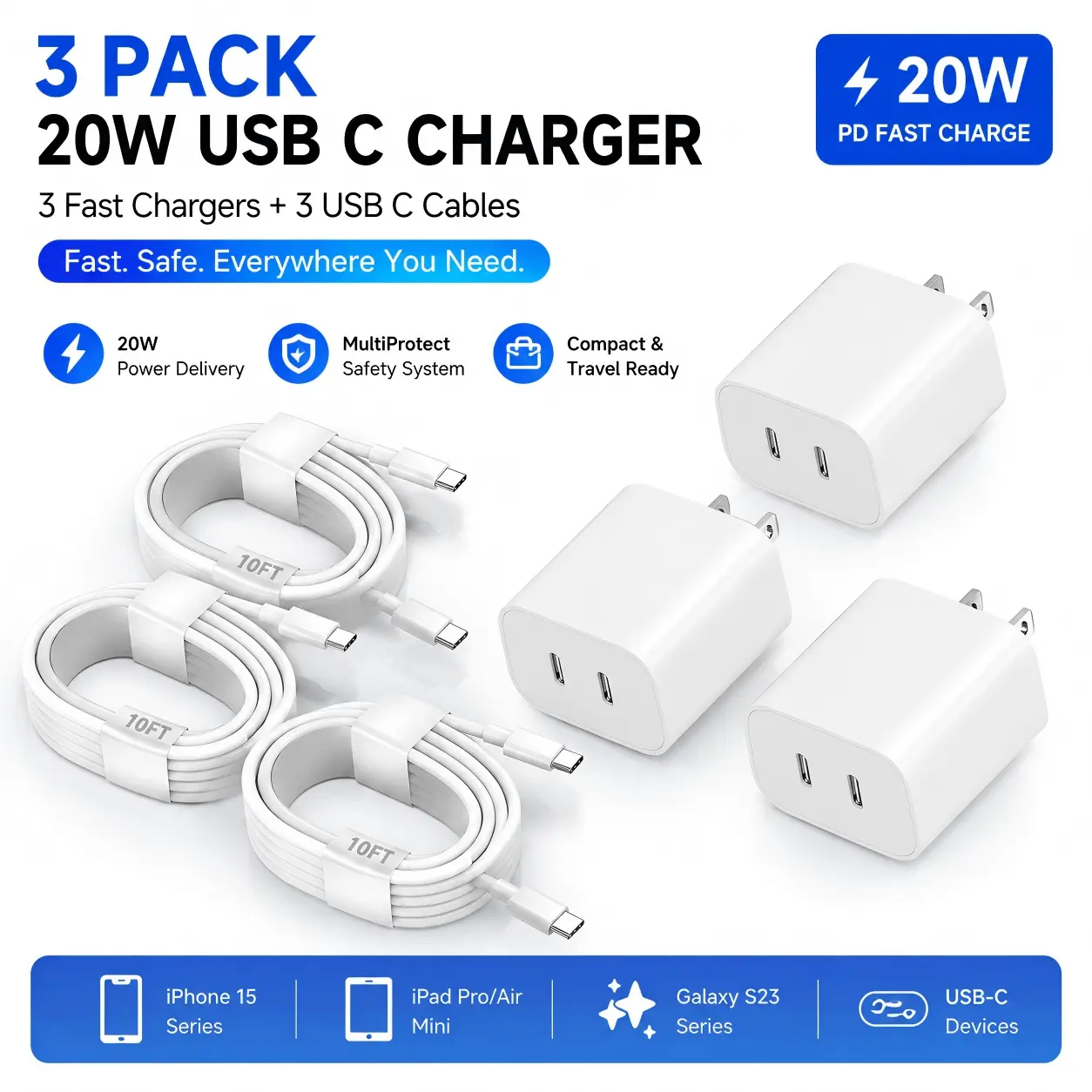 For iPhone 17/16/15 Fast Charger 2Pack, 40W USB C Wall Charger Block with 10FT Long USB-C to C Cable, Dual PD Fast Charging Adapter Compatible with iPhone 17 Pro Max/16 Pro/15 Pro/iPad