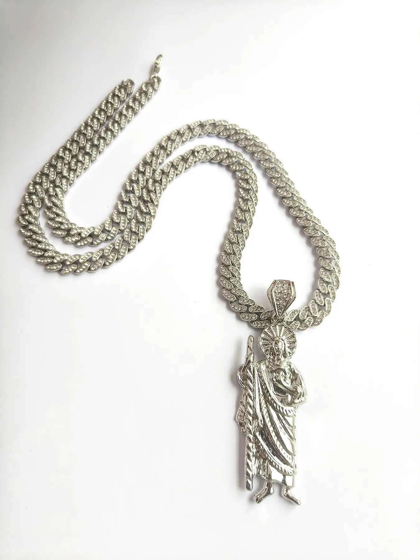 Silver Color Saint Judas Pendant Cuban Necklace, Dripping Oil Craft, Durable Gold Plated Chain, Hip Hop Style, Unisex Accessory