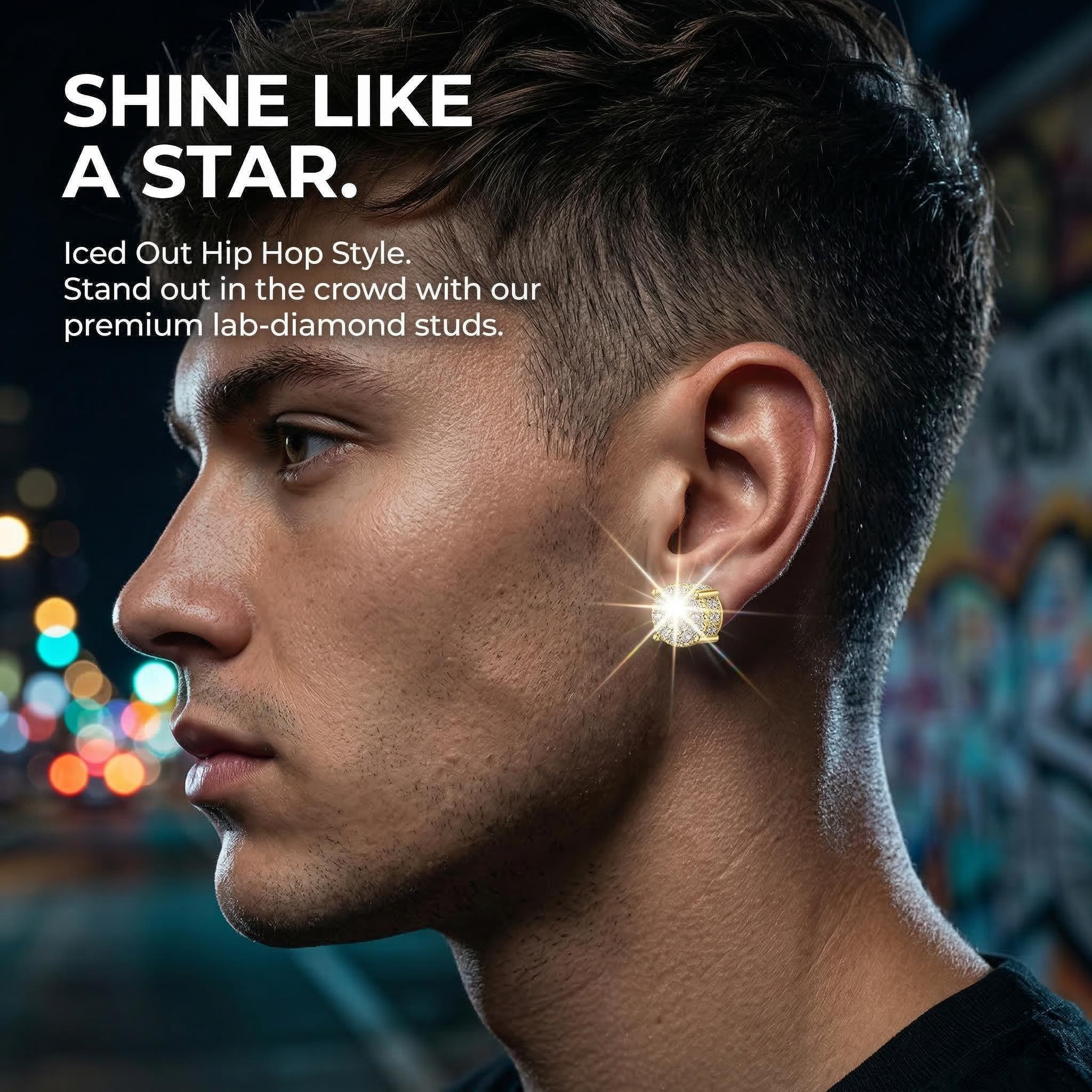 14 Karat Gold-Plated Round Cubic Zirconia Stud Earrings for Men - 4-Prong Iced-Out Hip-Hop Alloy Base Earrings with Butterfly,Screw Backs,Hypoallergenic Thick Small Cross Design,Casual Everyday Wear,Avoid Water,Luxury Party Wedding Jewelry