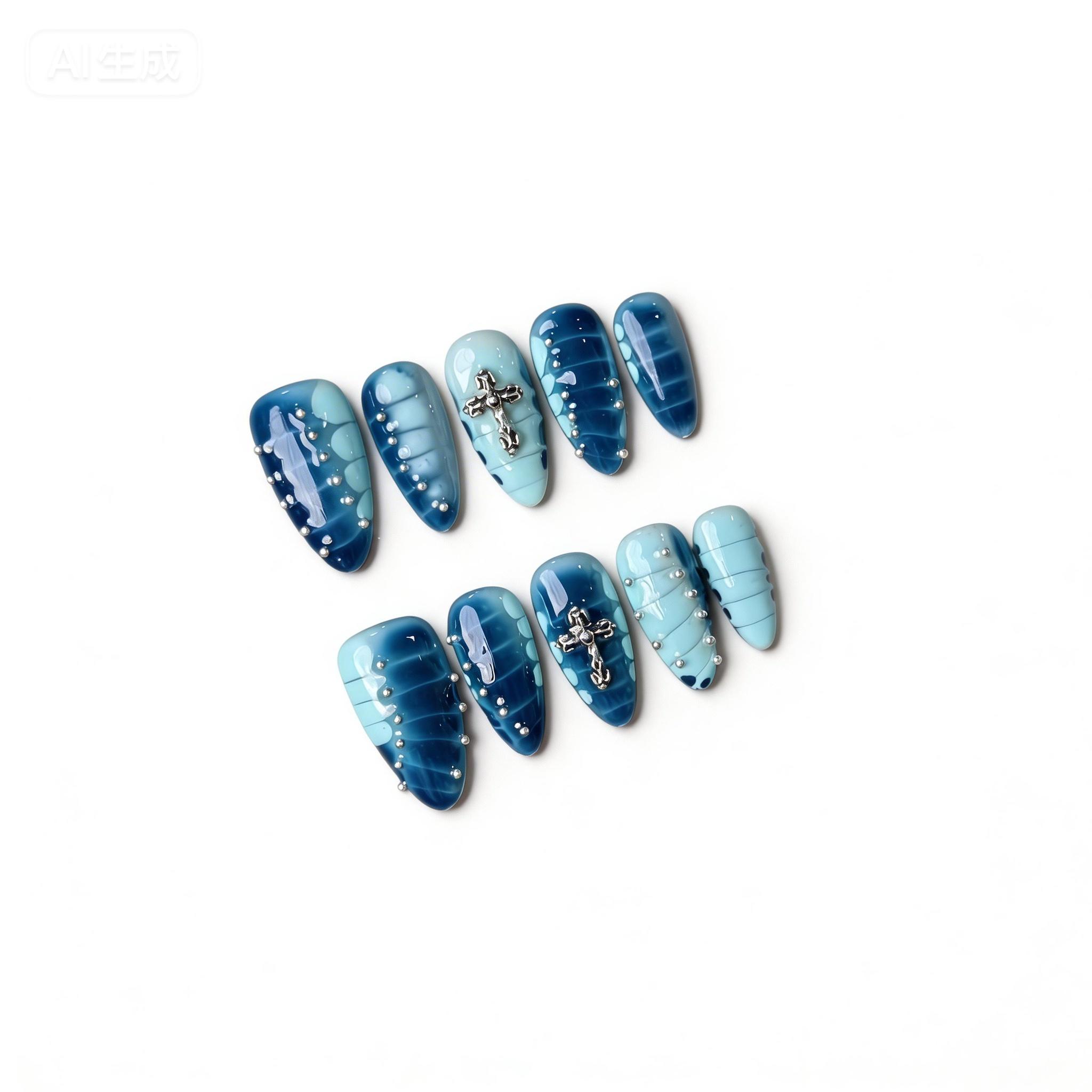 Vintage Cross Press-On Nails, Old Money Aesthetic Handmade Reusable False Nails, Luxury Cross Design Press On Manicure Set Nails for Women, Gothic Cross Nail Art