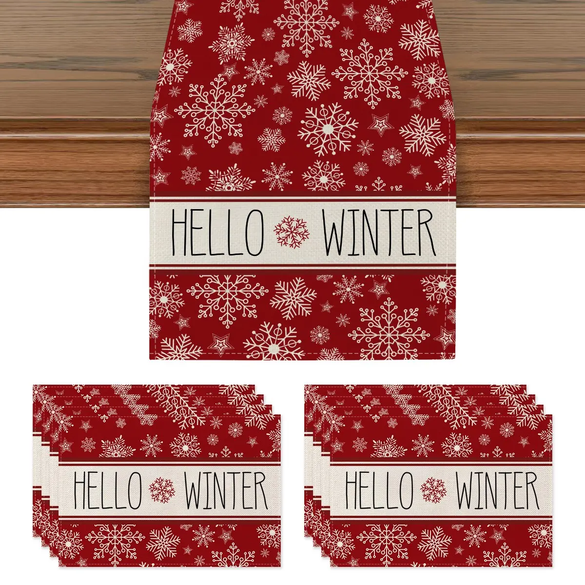 Christmas Table Runner and Placemat Set, Snowflake Design, Perfect for Thanksgiving, Home Kitchen, Dining Room, Indoor Outdoor Use