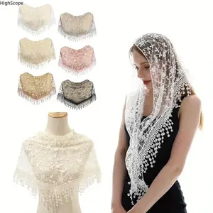 6Pcs Women Lace Triangle Church Mantilla Veil, Floral Tulle Religious Chapel Scarf for Mass