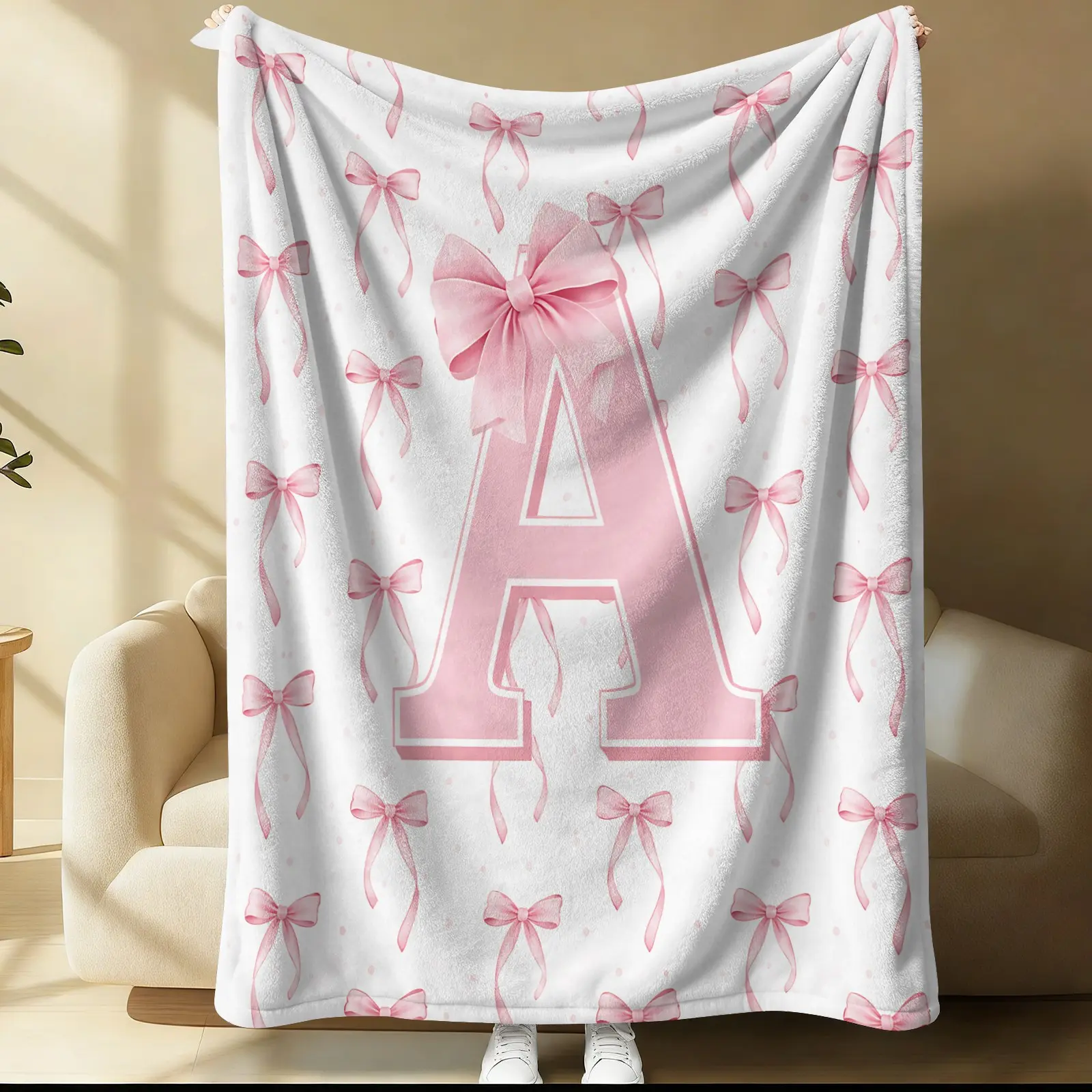 Coquette Pink Bow Letter A Initial Monogram Flannel Blanket, Cute Preppy Girly Warm Blanket for Teen Girls Women, Soft Coquette Style Gift Blanket, Cozy for Couch Bed Sofa, Flannel Throw Blanket