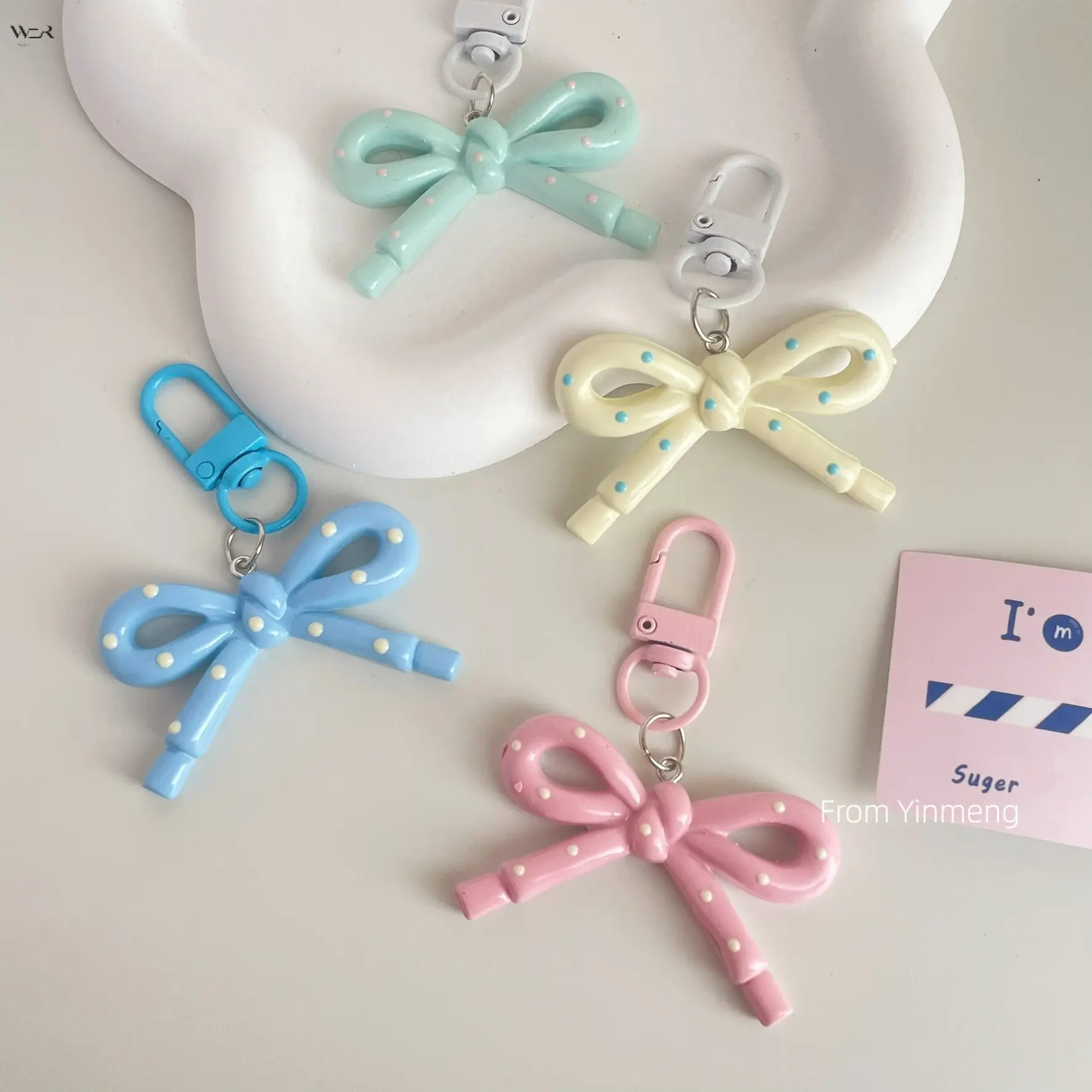 Cute Bow Keychain, Sweet Polka Dot Plaid Bow Bag Charm Pendant, Resin Bow Key Ring with Spring Clasp, Multi‑Styles Aesthetic Accessory for Backpack Purse Keys