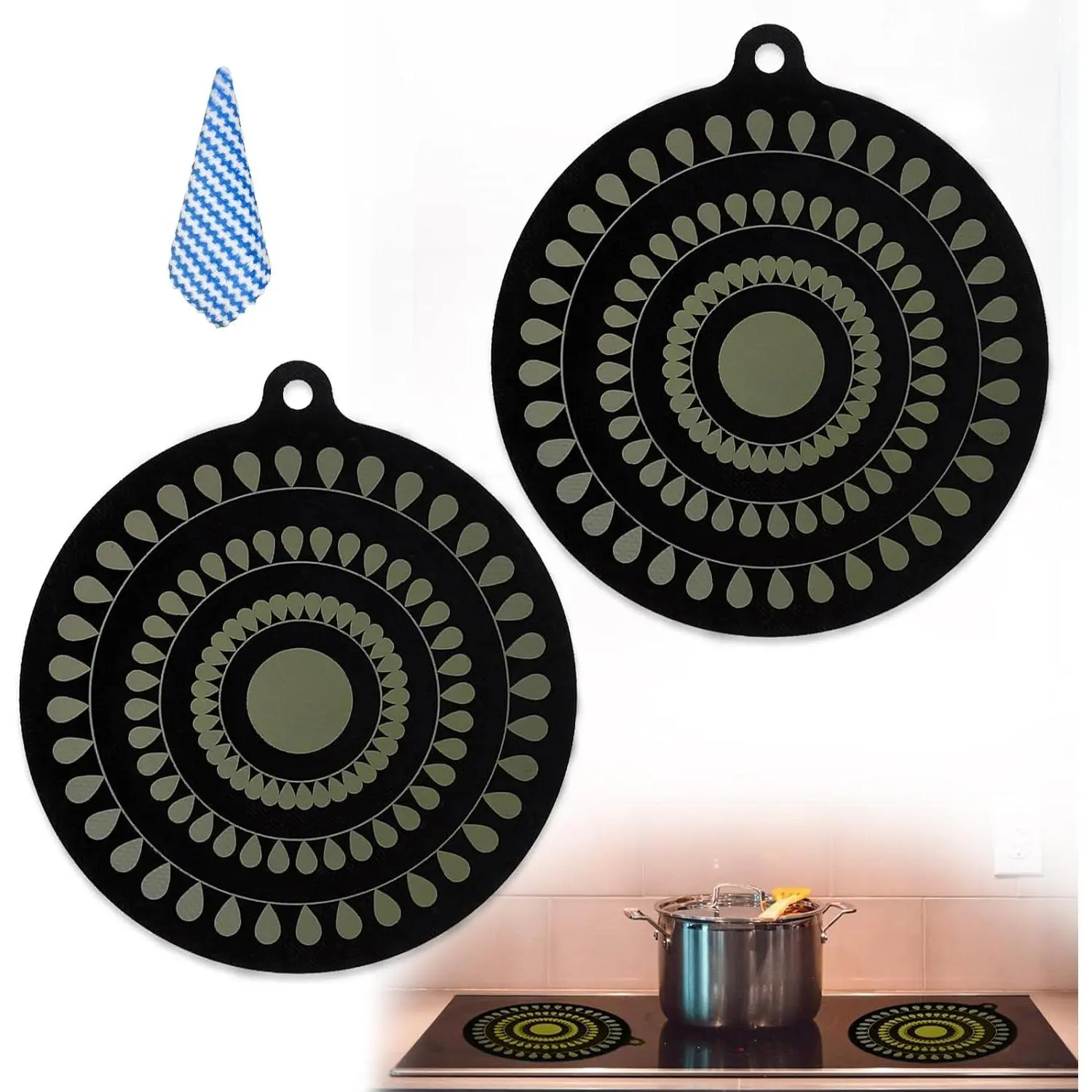 9.5 Inch Thermochromic Silicone Induction Cooktop Protector Mat, 2 Pcs Non-Slip Heat Sensitive Pads to Prevent Pots and Pans from Sliding While CookingGift