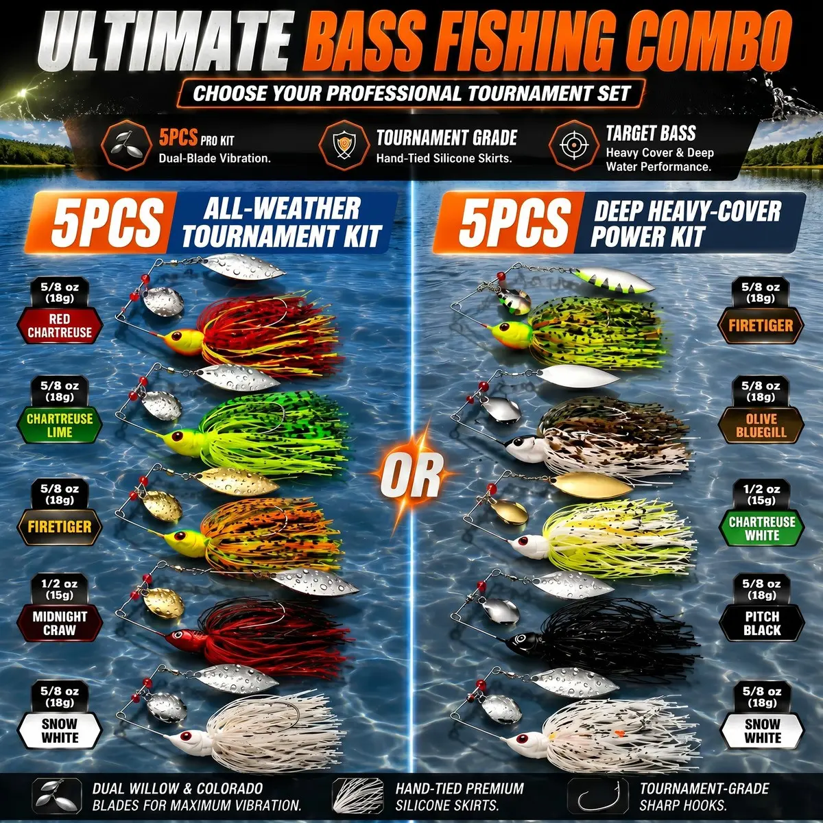 5PCS Professional Spinnerbaits Fishing Lures Set, Fishing Lure Kit, 1/2 oz 5/8 oz Tournament Bass Spinner Baits Pack, Double Willow Blades & Premium Silicone Skirt for Pike Trout