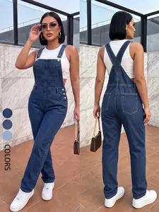 Women's Casual Denim Jumpsuit, Adjustable Strap Straight Leg Romper, Perfect for Daily Wear and Y2K Style, All Seasons Fitted Sleeveless Pants, Overalls