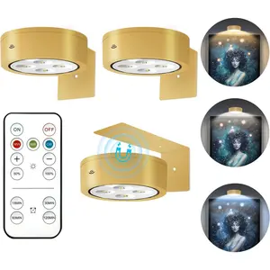 3Pcs Gold Magnetic LED Picture Light, Battery Operated with Remote, Dimmable Timer 3 Lighting Modes, Wireless Art Display Puck Light for Picture Frames, Paintings, Wall Decor