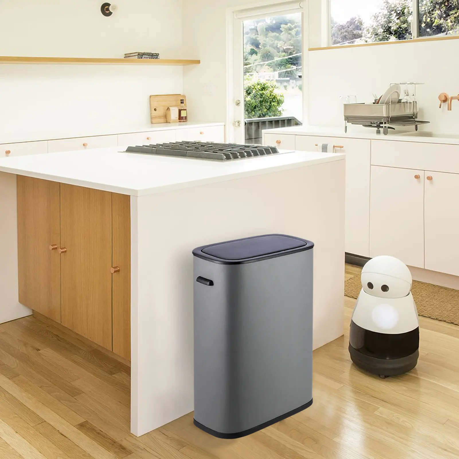 55L Sensor Trash Can, Automatic Waste Bin for Kitchen Bathroom 13Gal, hand‑wave induction, quiet soft‑close lid, waterproof & smudge‑proof shell, battery‑powered flexible placement