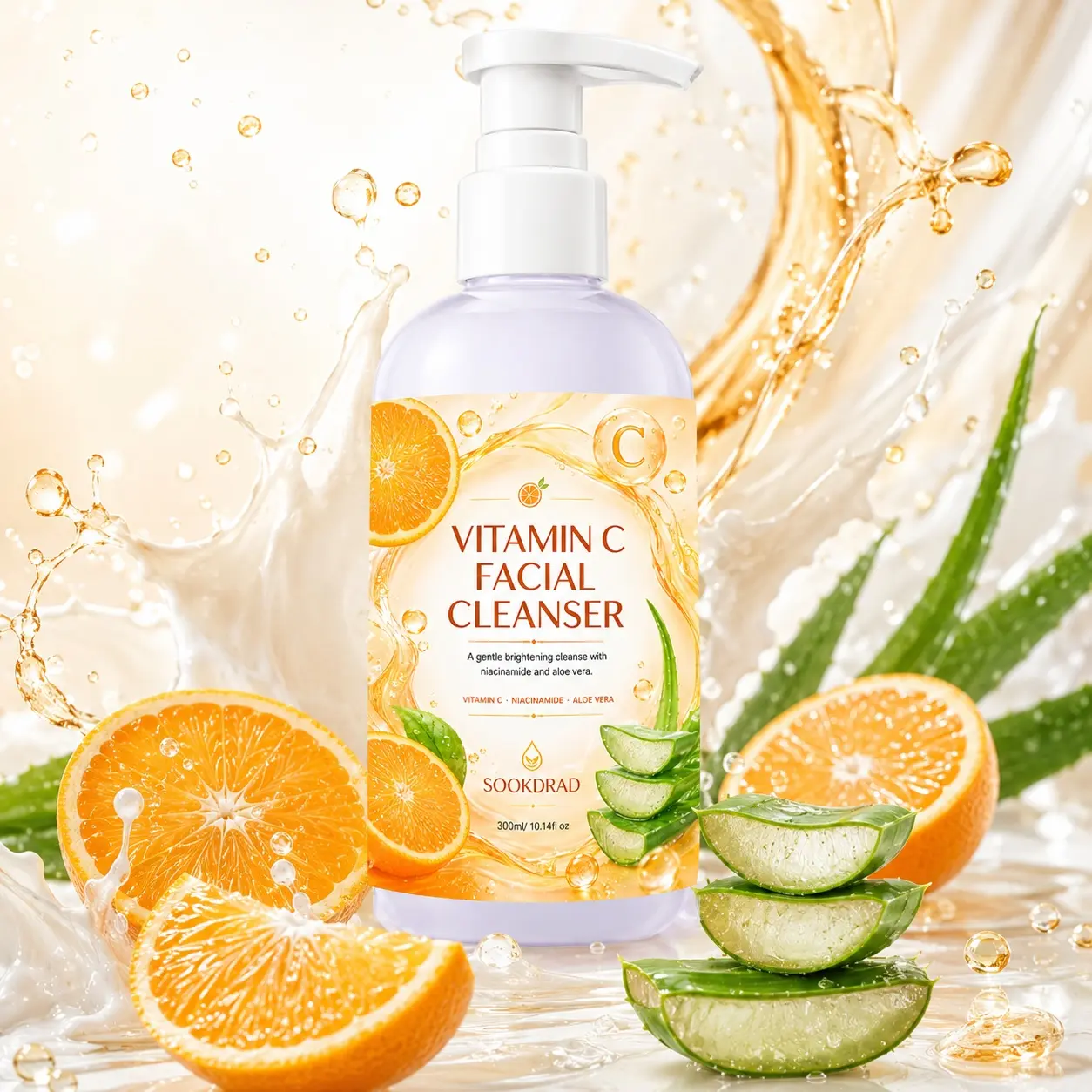 Vitamin C Facial Cleanser, Vitamin C, Niacinamide, Aloe Vera, gentle brightening cleanse, facial use, suitable for all skin types, 300ml/10.14fl oz
