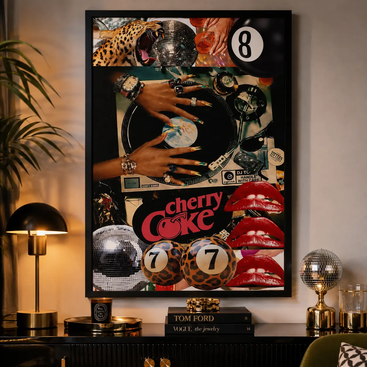 Retro Pop Culture Collage Canvas Poster | Y2K Leopard Print Disco Ball Vinyl Music Wall Art for Bedroom, Bar & Home Decor