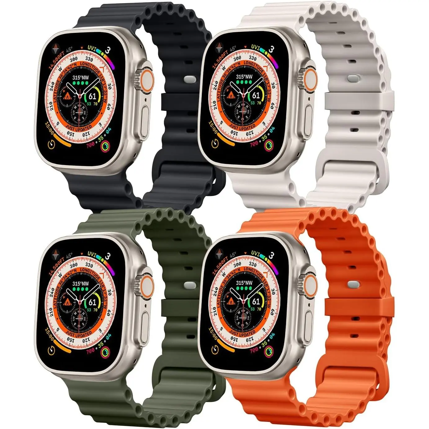 4 Pack Ocean Bands Compatible with Apple Watch Ultra Band 49mm 45mm 44mm 42mm Men Women, Soft Silicone Straps Sport Rugged Smartwatch Replacement for IWatch Ultra Ultra 2 Series 9 8 7 6 5 4 3 2 SE