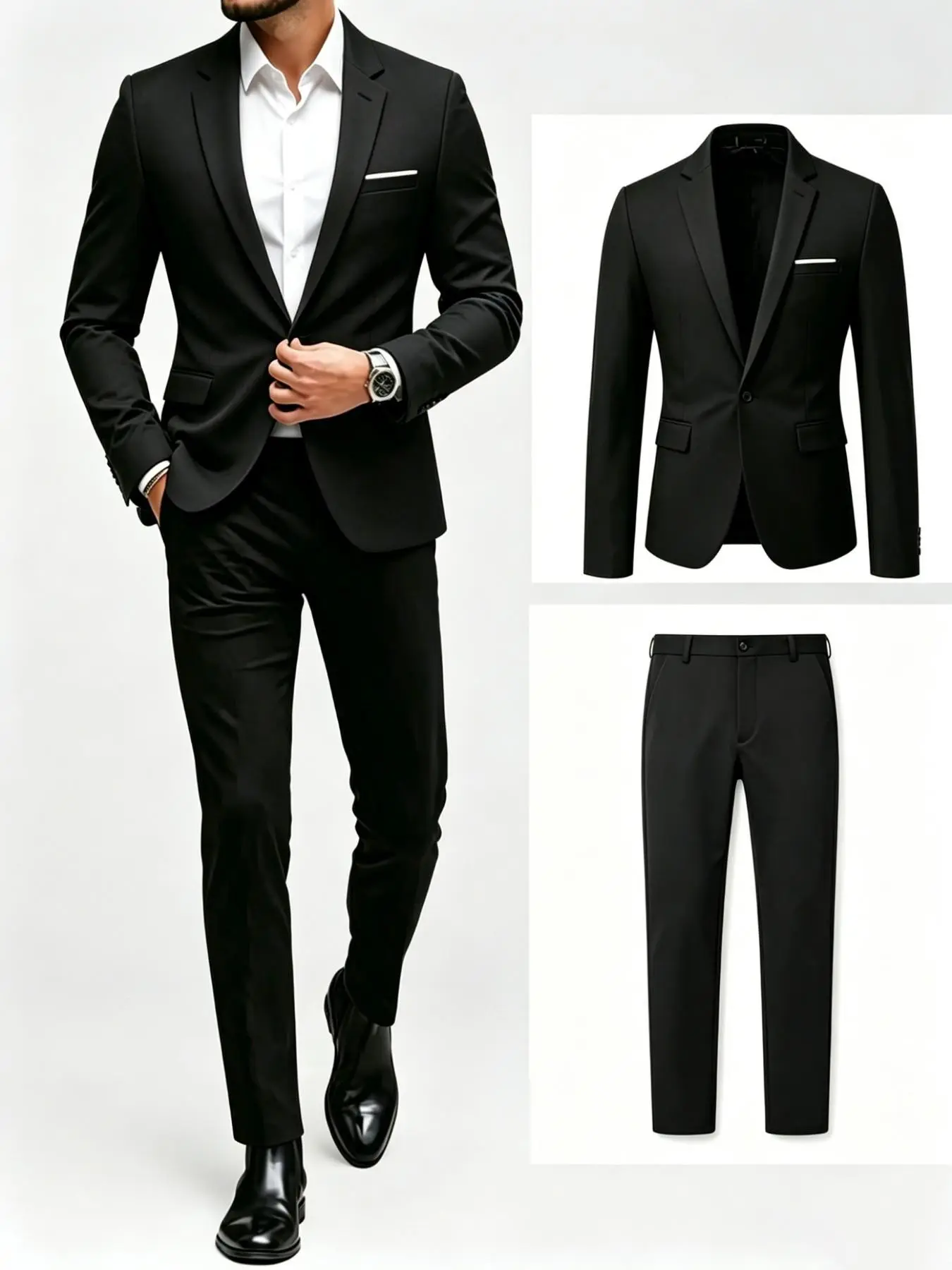 Men's Solid Color Slim Fit Suit Set, Business Formal Two-Piece Wedding Groom Best Man Dress, Jacket and Pants Combo, Plain