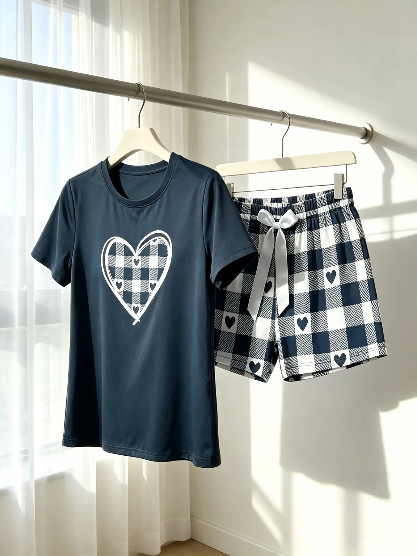 Women's Crew Neck Short Sleeve Top & Shorts Pajama Set, Navy Gingham Heart Print, Spring Summer Wear, Relaxed Fit, INS Style Preppy Casual Loungewear for Home & Errands